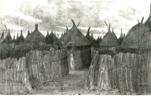 Une rue de Guet N’Dar – Décembre 1873 (on devine des carcasses de mouton au-dessus des palissades)